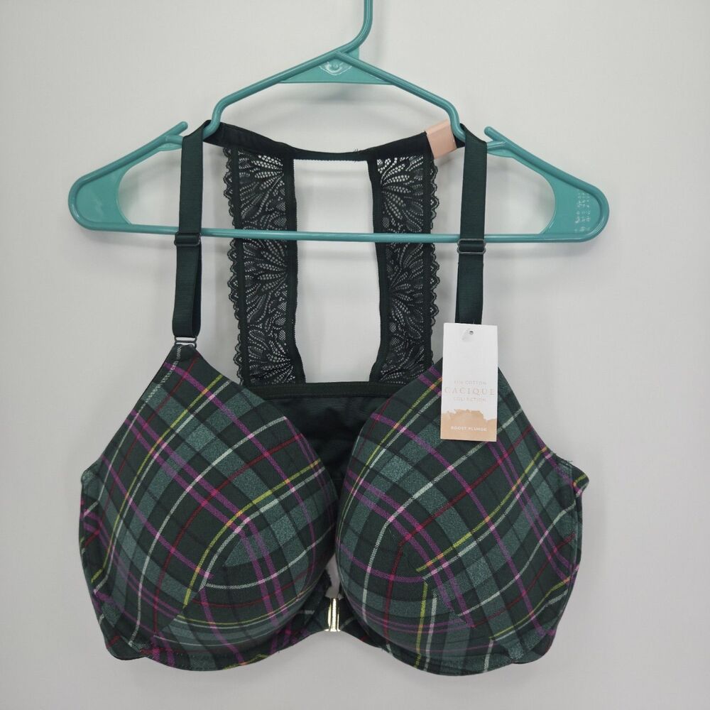 Lane Bryant Cacique Front-Close Cotton Boost Plunge Bra 44DDD Pine Candy Plaid